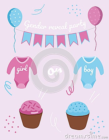 Gender Reveal Party set. Gender Reveal Party set. Hand drawn set Vector Illustration